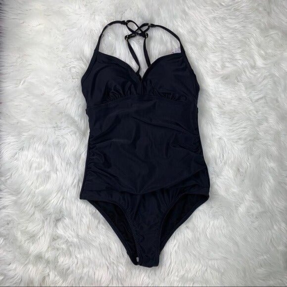 Kona Sol Black One-Piece Swimsuit Size Small Strappy Back V-Neck Ruched - Picture 6 of 6